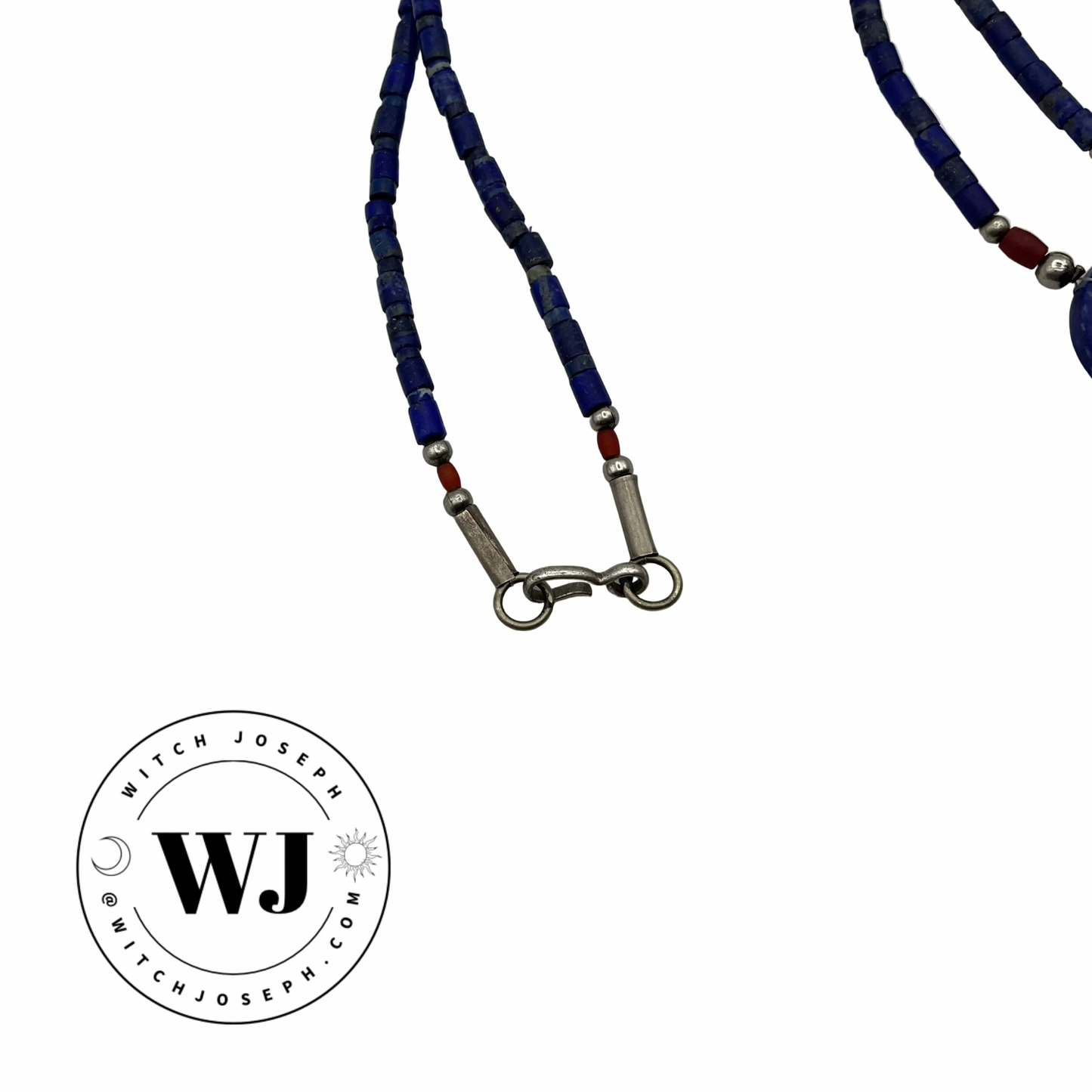 Necklace with Lapis Lazuli blue beads and showing the metal clasp displayed on a white background, featuring the WJ brand logo.