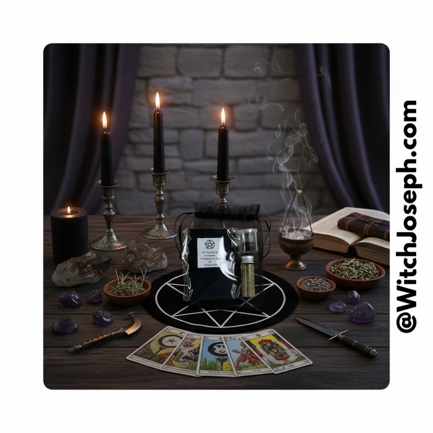 The Witch Joseph Lodestone kit displayed on a Witch altar with other tools and candles…and in the outer frame is the URL for the Witch Joseph website.