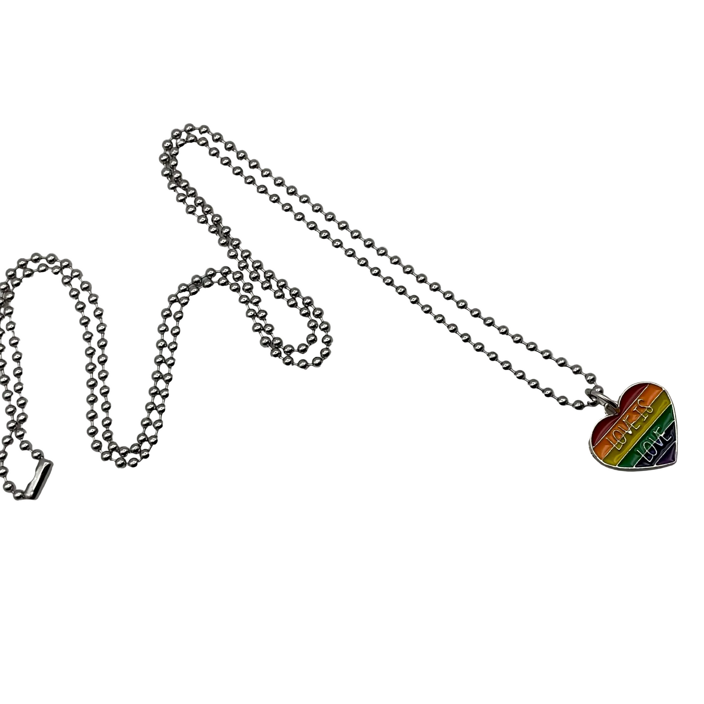 Necklace with a heart-shaped rainbow pendant with the text Love is Love on a ball chain displayed on a white background