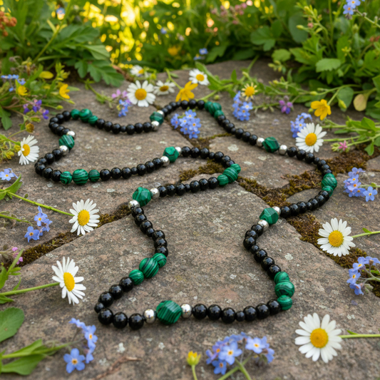 Malachite necklace with black and steel bead accents sitting on a rock in a garden with flowers.