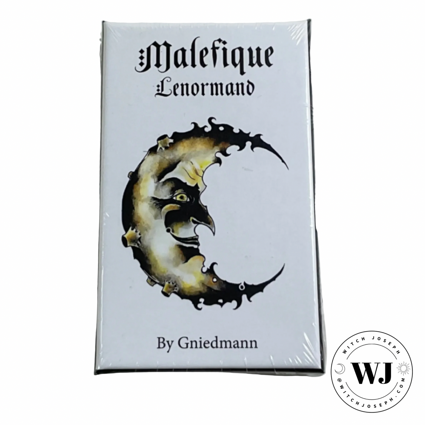 Lenormand card deck packaging for 'Malefique Lenormand' by Gniemann with a decorative crescent moon design on a white background.