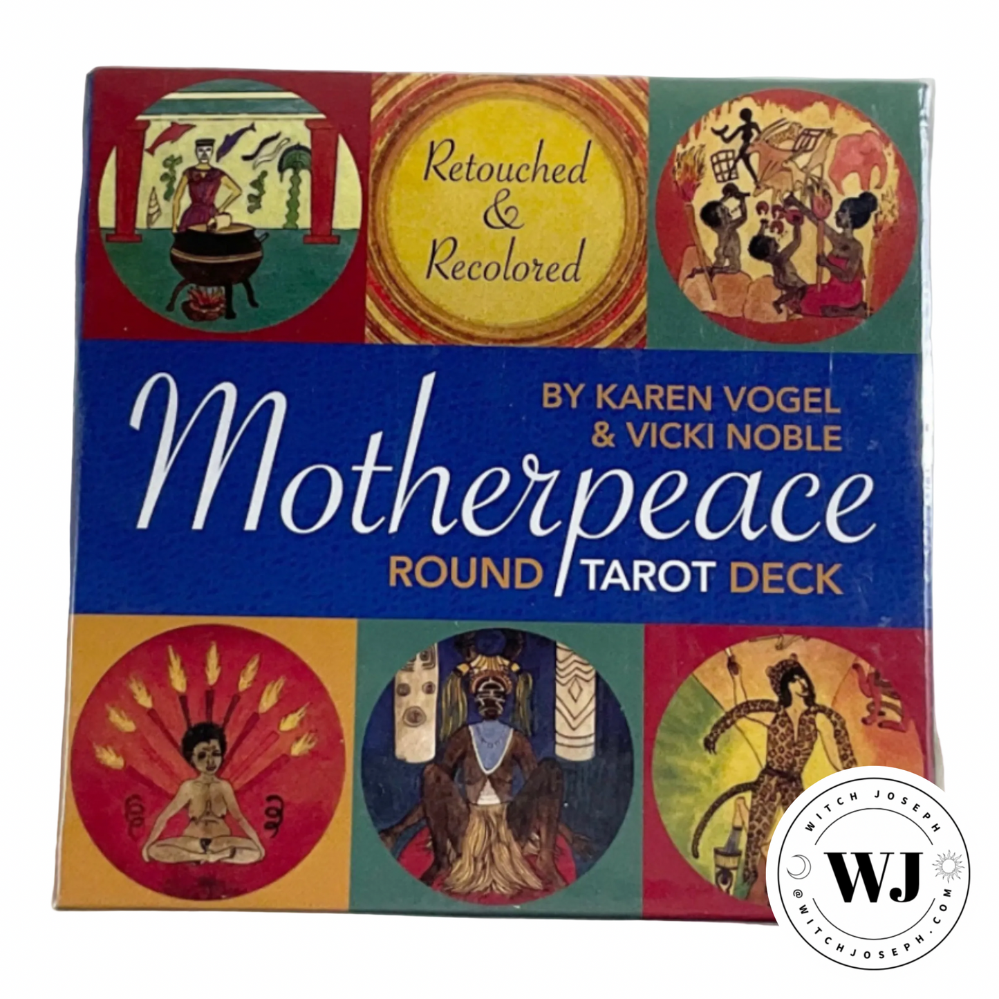 Cover of 'Motherpeace Round Tarot Deck' by Karen Vogel & Vicki Noble with colorful illustrations and 'WJ' logo.