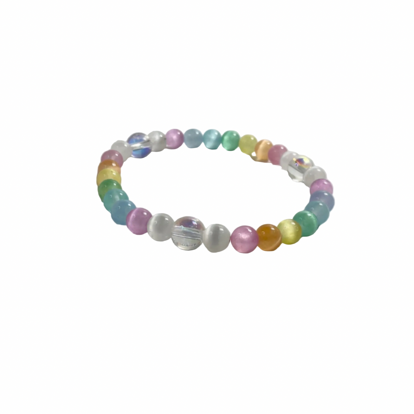 Multicolored selenite beaded bracelet on a white background