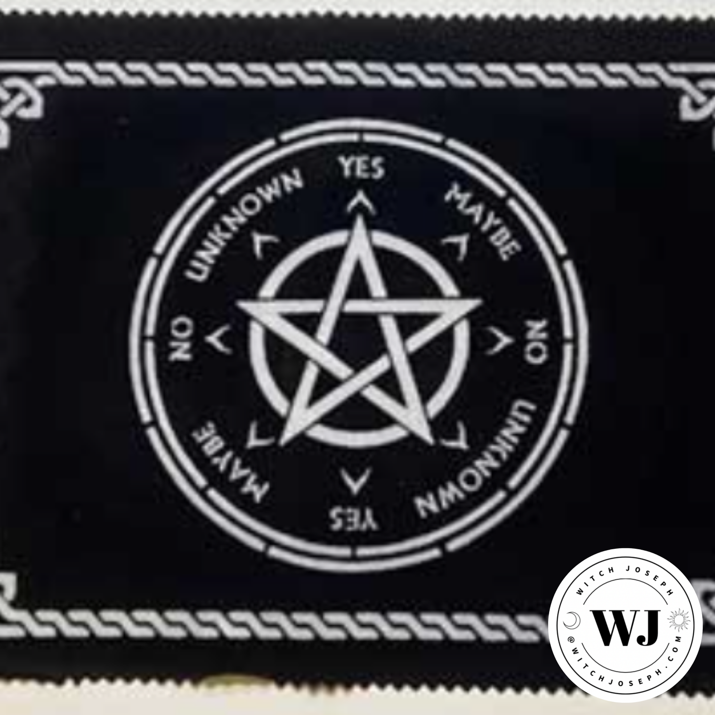 Black cloth with a pentagram design and text for pendulum divination, featuring the brand 'WJ'.