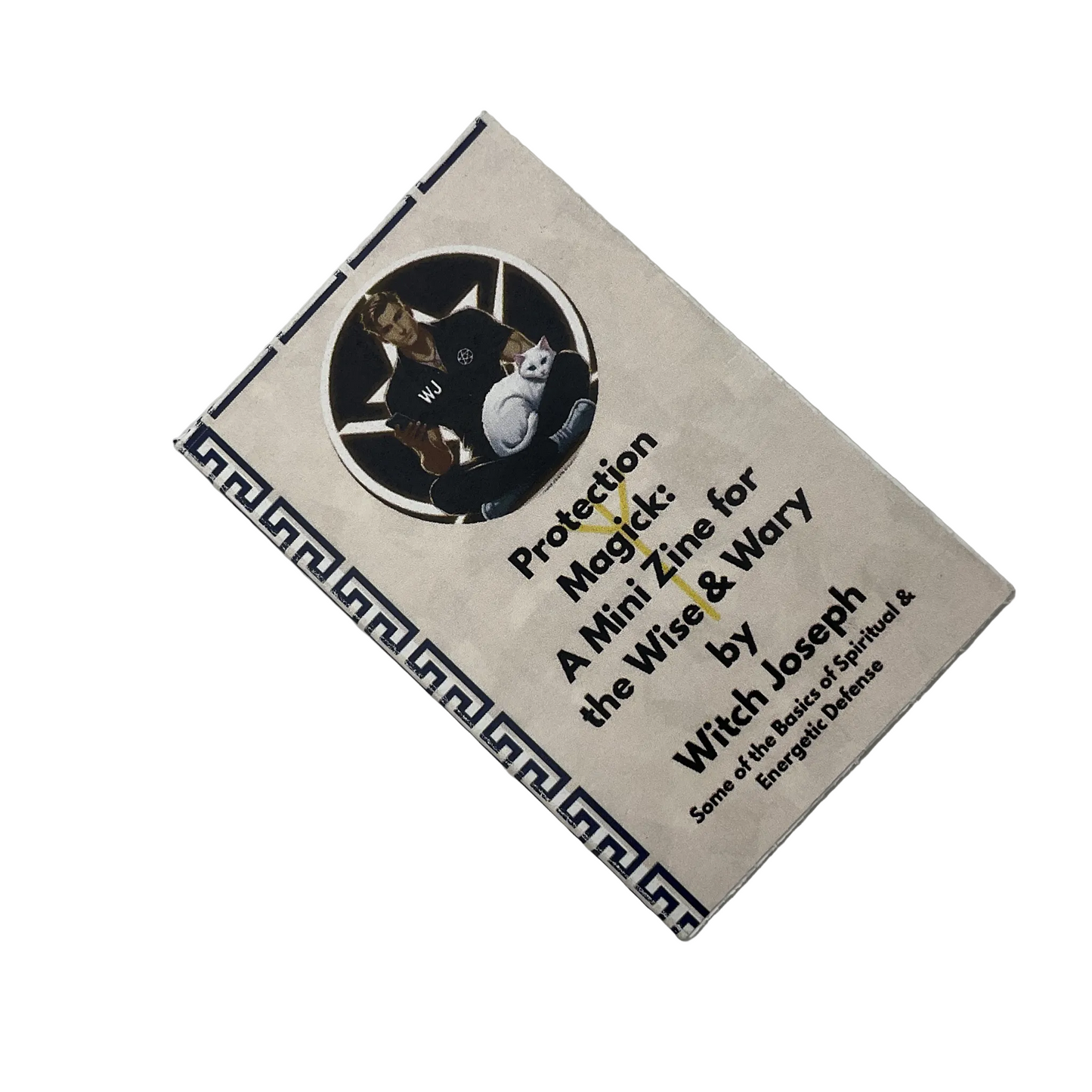 Mini zine titled 'Protection Magick' with a cover featuring a man and a white cat…displayed on a white background