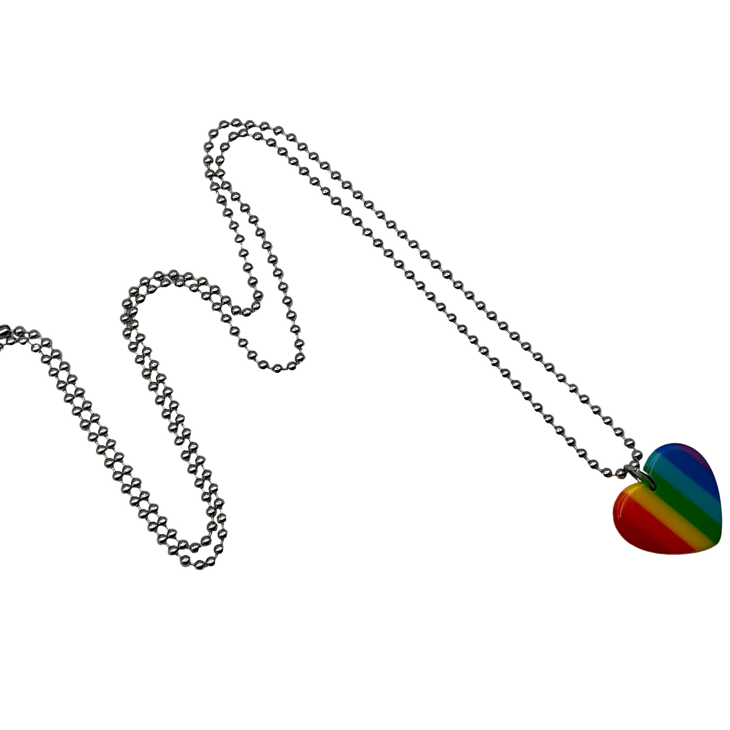 Ball chain Necklace with an acrylic rainbow heart pendant on a white background