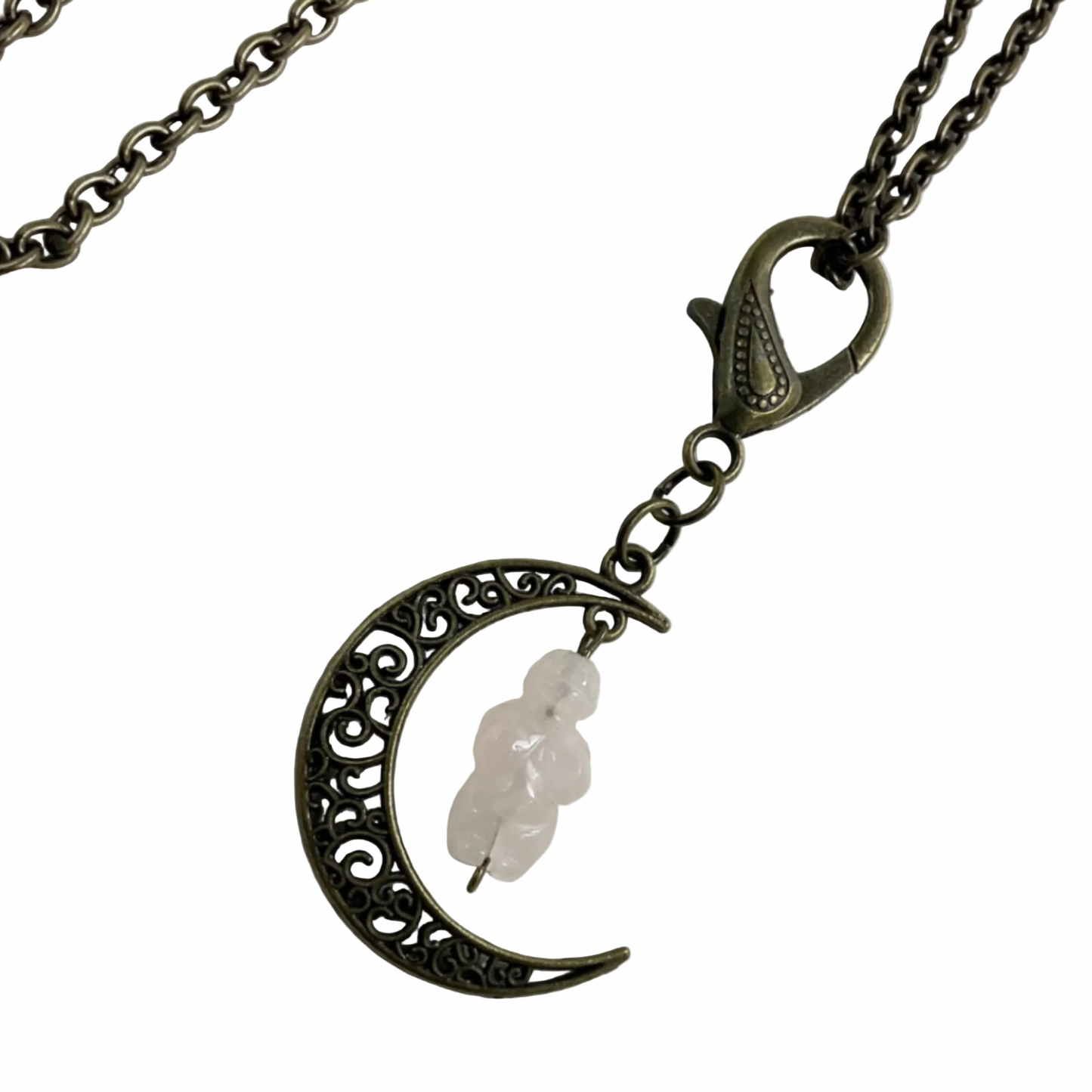 Bronze tone Necklace with a crescent moon pendant with rose quartz goddess figure on a white background