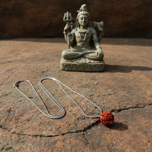 Silver necklace with a red Rudraksha bead pendant in front of a small statue on a textured surface