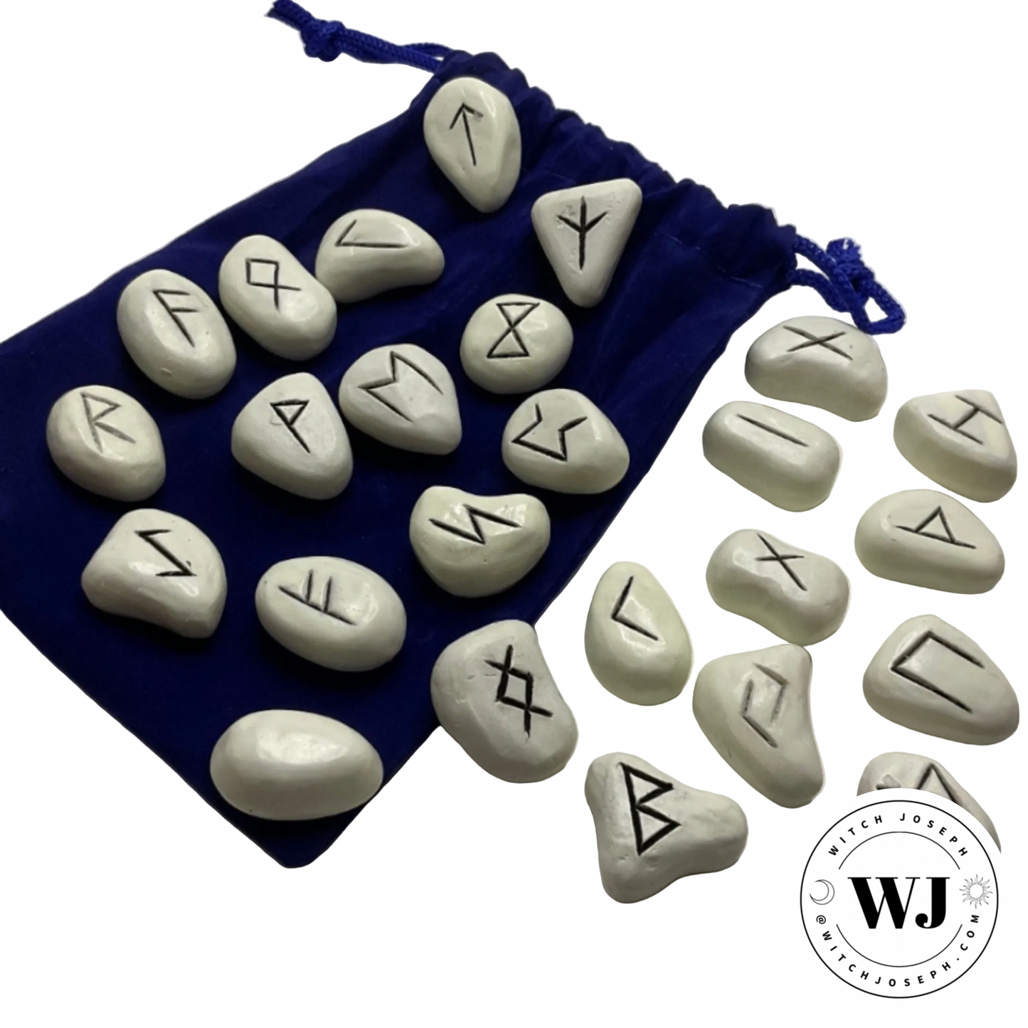 Set of stone runes with a blue drawstring bag on a white background, featuring the brand 'Witch Joseph'.