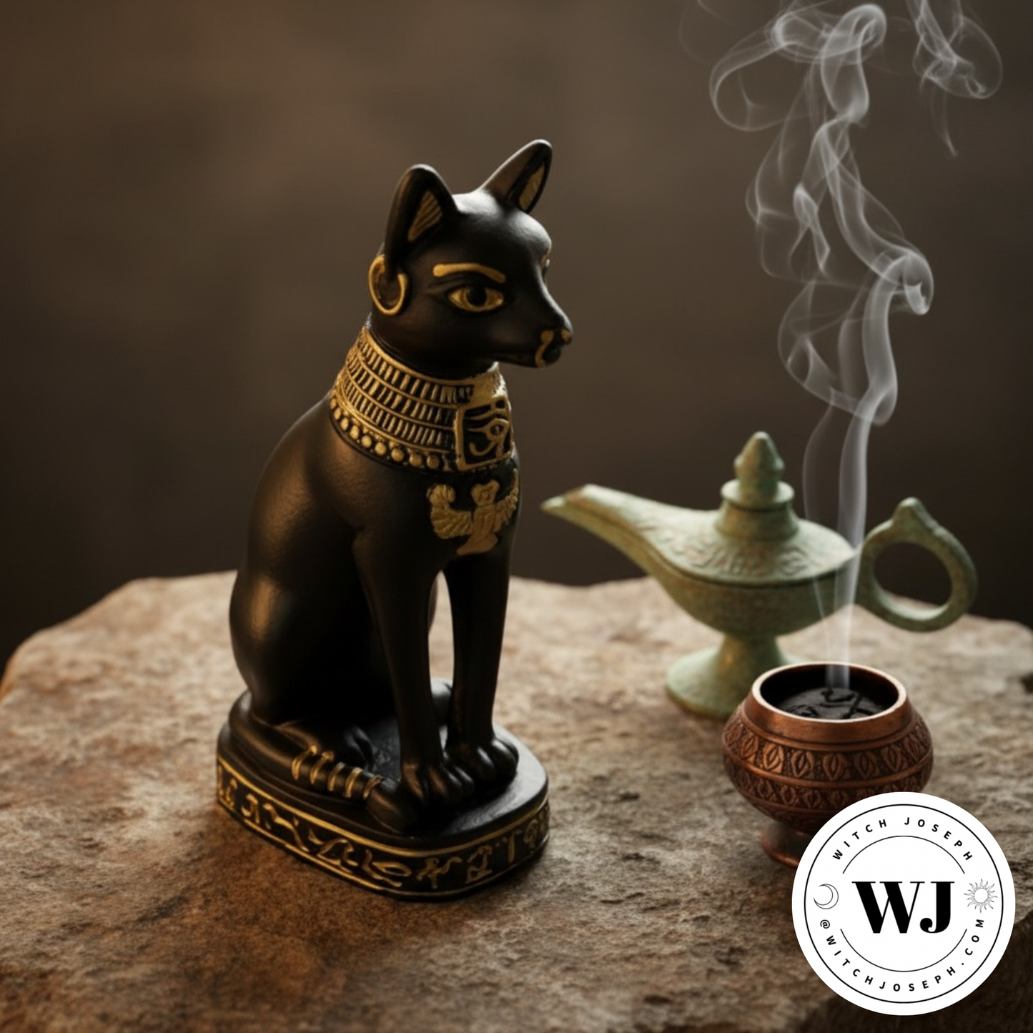 Statue of a small Bastet cat with a lamp and incense on a textured stone surface, featuring the brand 'WJ'.