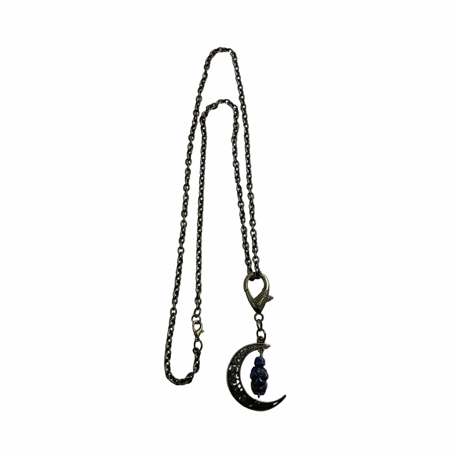 Bronze tone Necklace with a crescent moon pendant with a sodalite goddess bead displayed on a white background