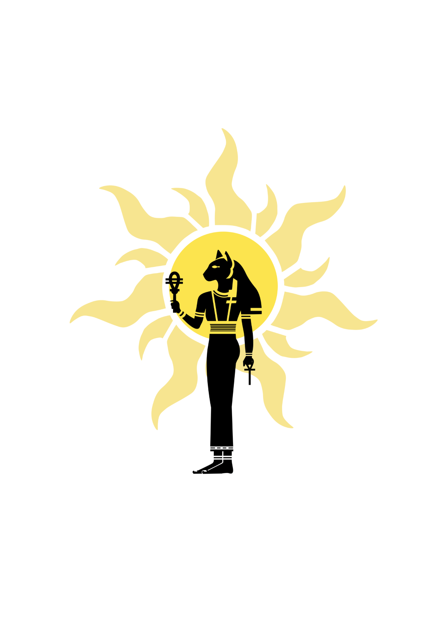 A stylized graphic of Goddess Bastet silhouette with a cat-headed Goddess holding a sistrum and an ankh, standing in front of a yellow sun motif on a white background.