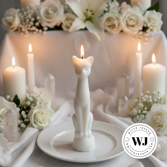 White cat-shaped candle displayed with lit candles on a decorative table with flowers and crystals…with the Witch Joseph logo