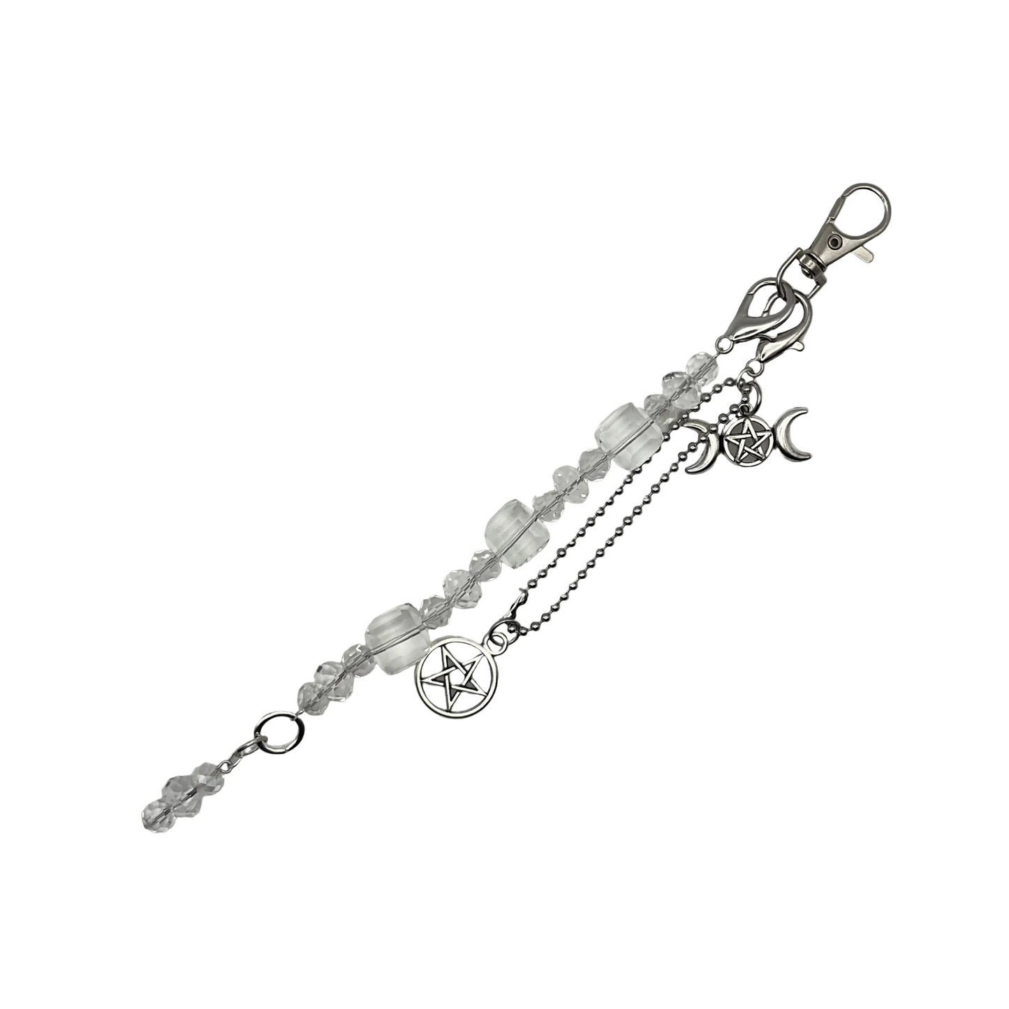 Silver bag charm with pentacle and triple goddess charms on a white background