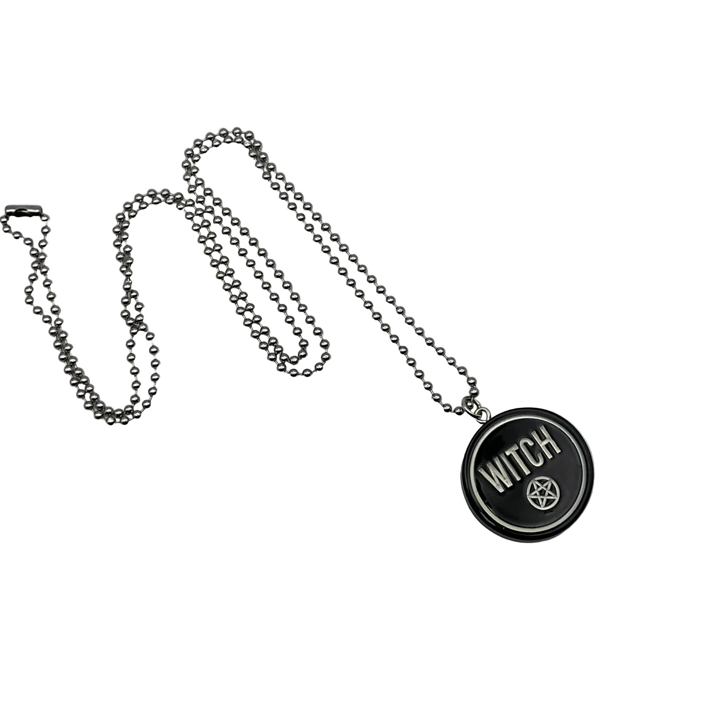 Necklace with a black resin pendant labeled 'WITCH' with a pentacle on a white background