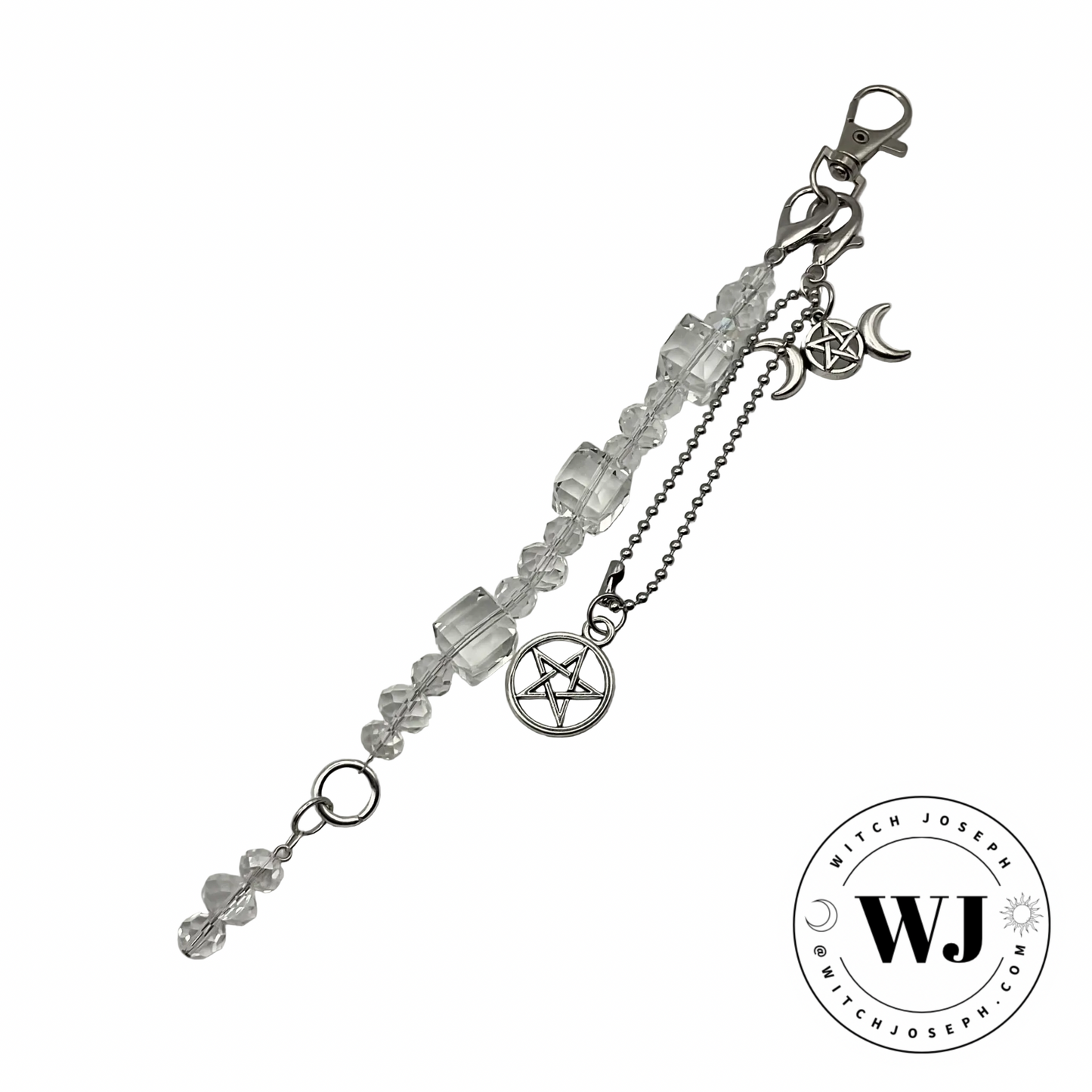 very sparkly Witchcraft pentacle triple Goddess Purse or Bag charm displayed against a white background with the Witch Joseph Logo