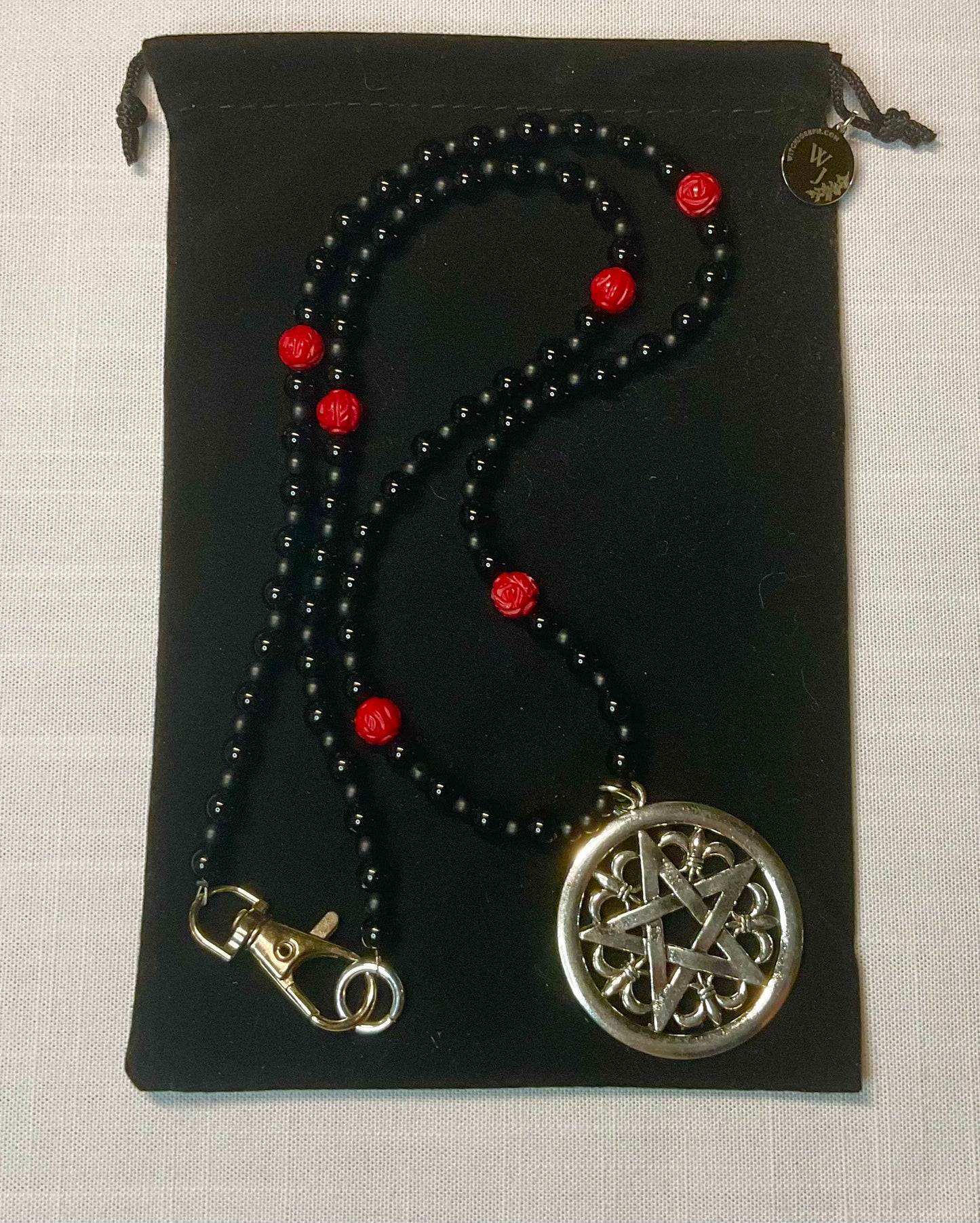 Pentacle Necklace with Red Coral Rose Beads and Black Beads