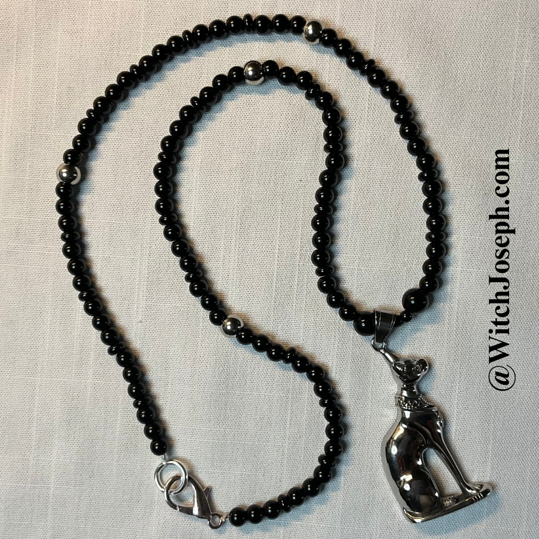 Bastet Goddess Talisman Necklace with Steel Accent Beads