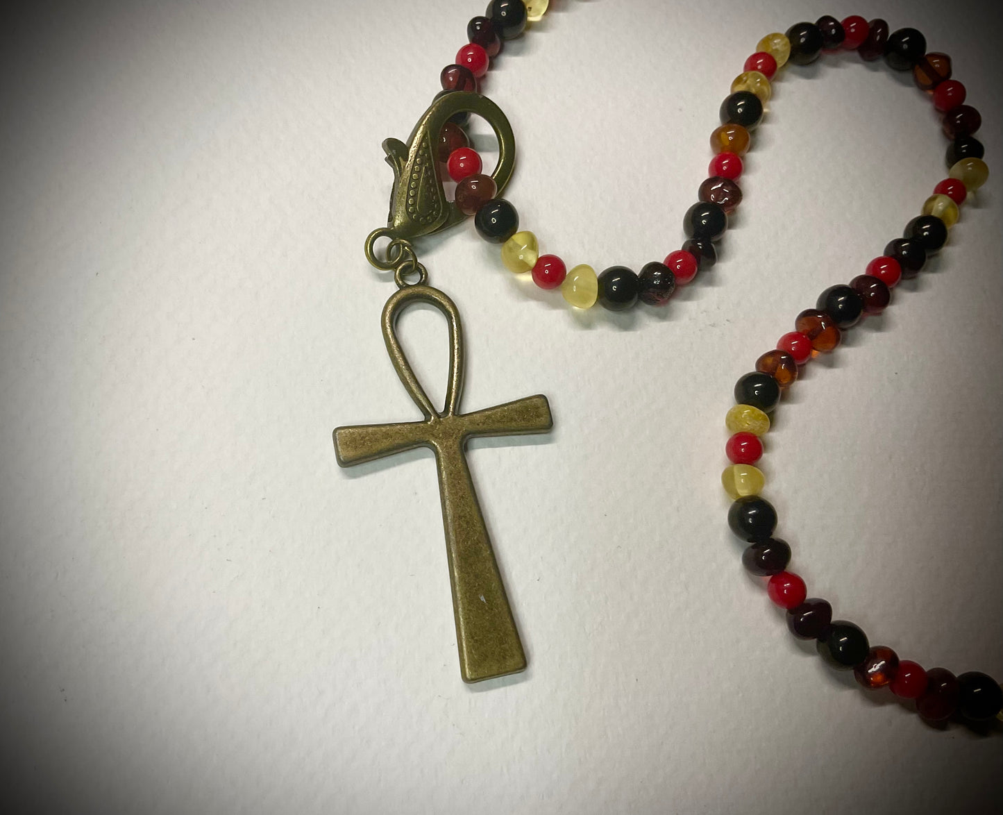 Baltic Amber, Russian Jet and Red Coral Necklace, with Bronze Tone Ankh