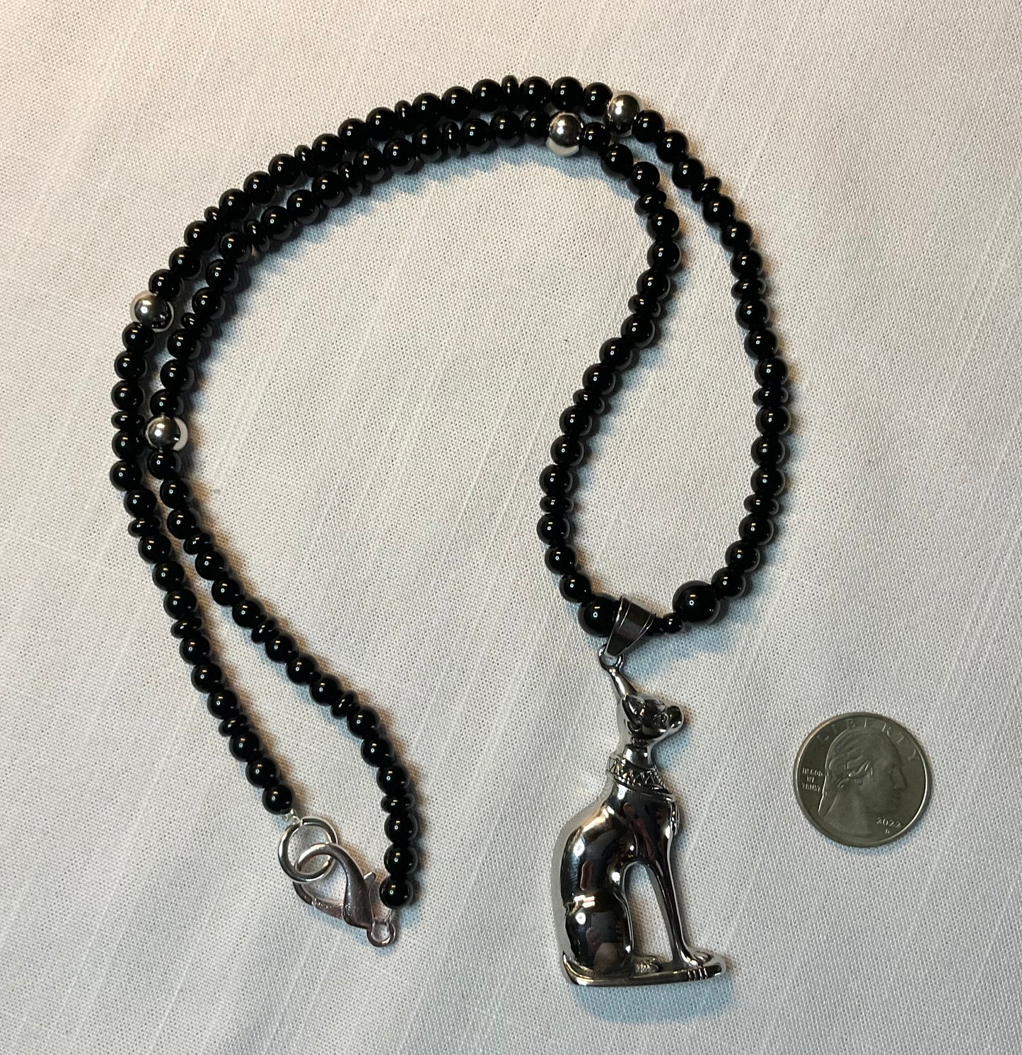 Bastet Goddess Talisman Necklace with Steel Accent Beads