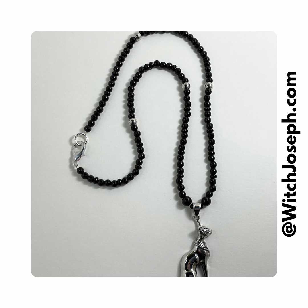 Bastet Goddess Talisman Necklace with Steel Accent Beads