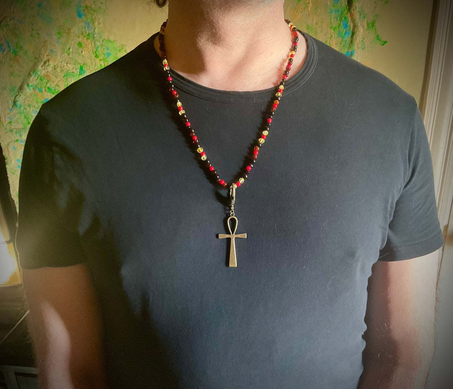 Baltic Amber, Russian Jet and Red Coral Necklace, with Bronze Tone Ankh