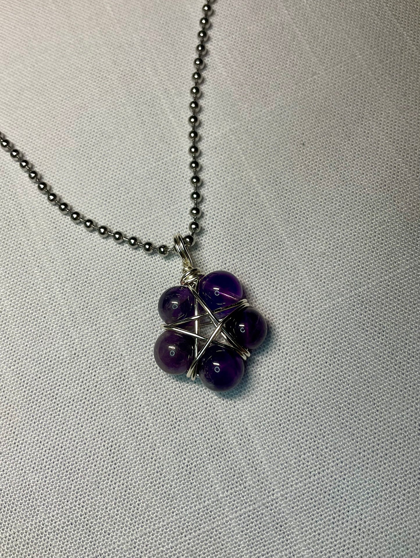 Amethyst Bead Wire Wrapped Pentagram Charm Necklace