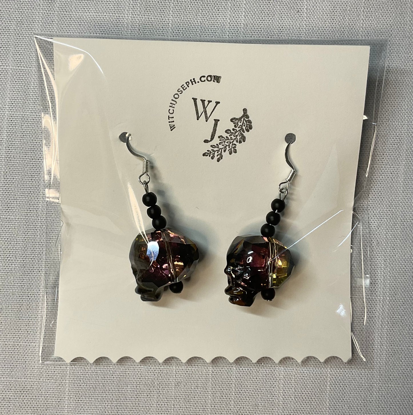 Faceted Black Glass Skull Earrings