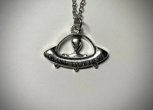 Flying Saucer and Alien Charm Necklace