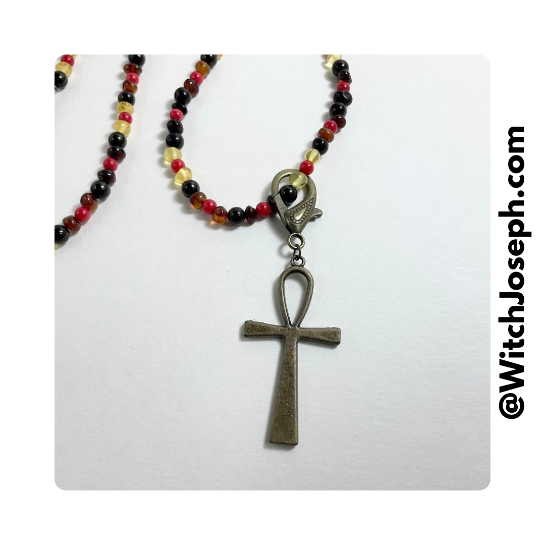 Ankh Talisman with Amber Jet and Coral