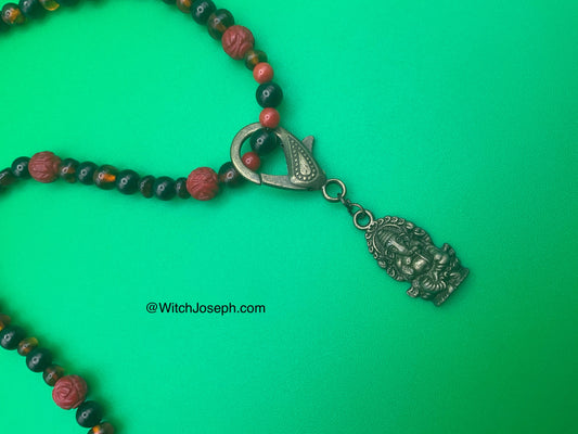 Ganesha Talisman with Amber and Jet and Red Coral Rose accents