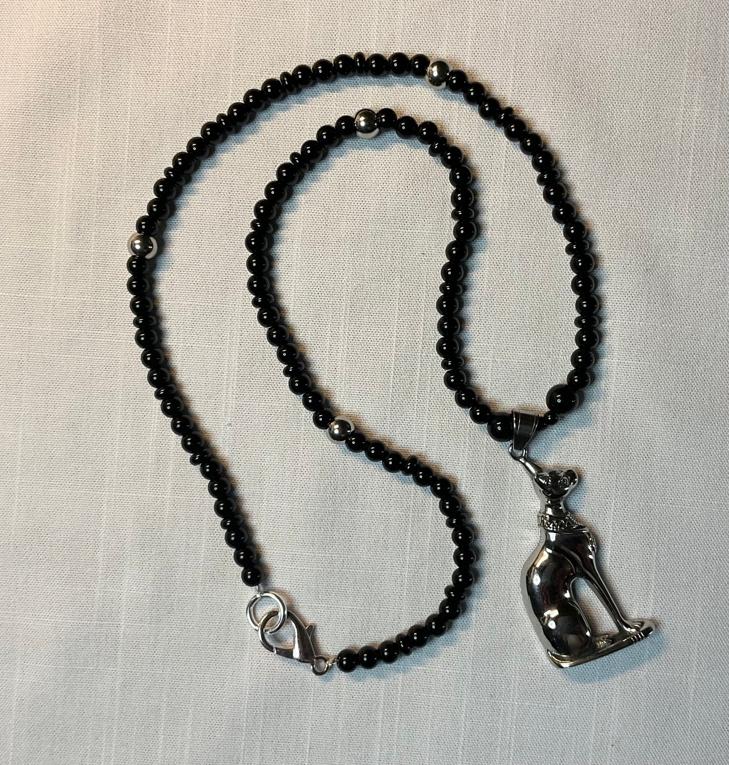 Bastet Goddess Talisman Necklace with Steel Accent Beads