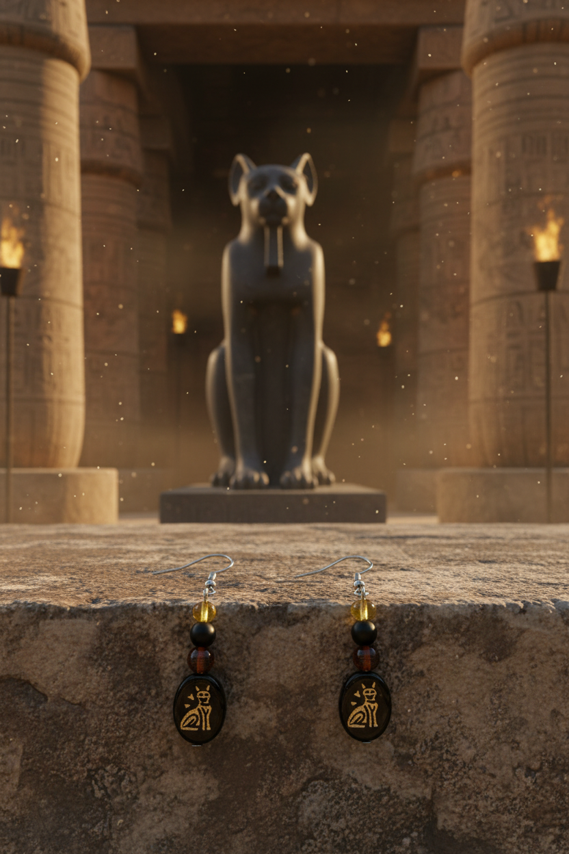 Bastet Earrings with Cat Glyph Bead