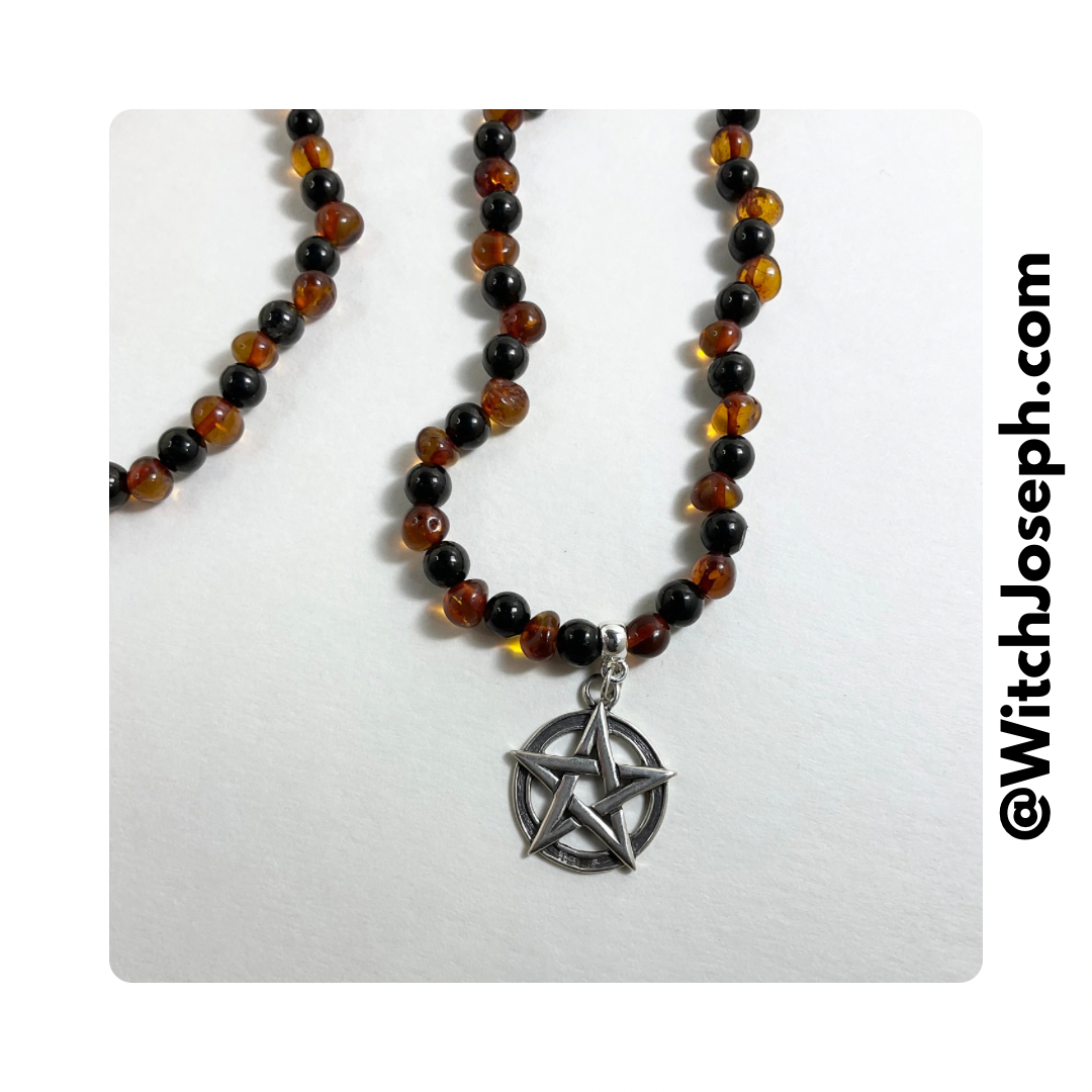 Baltic Amber and Jet with Sterling Silver Pentacle and Accent Beads