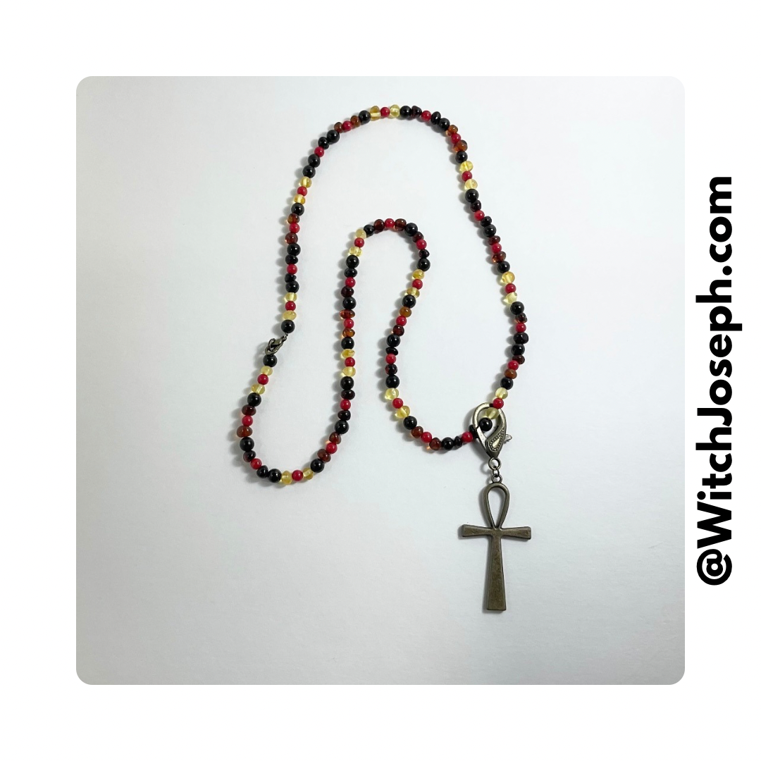 Ankh Talisman with Amber Jet and Coral