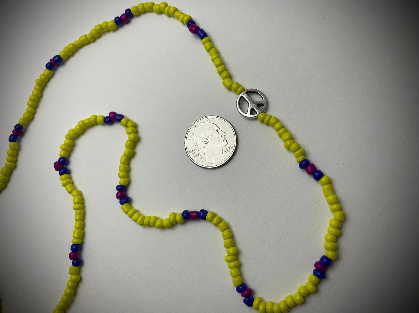 Yellow with Blue and Pink Love Beads with Silver Tone Peace Sign