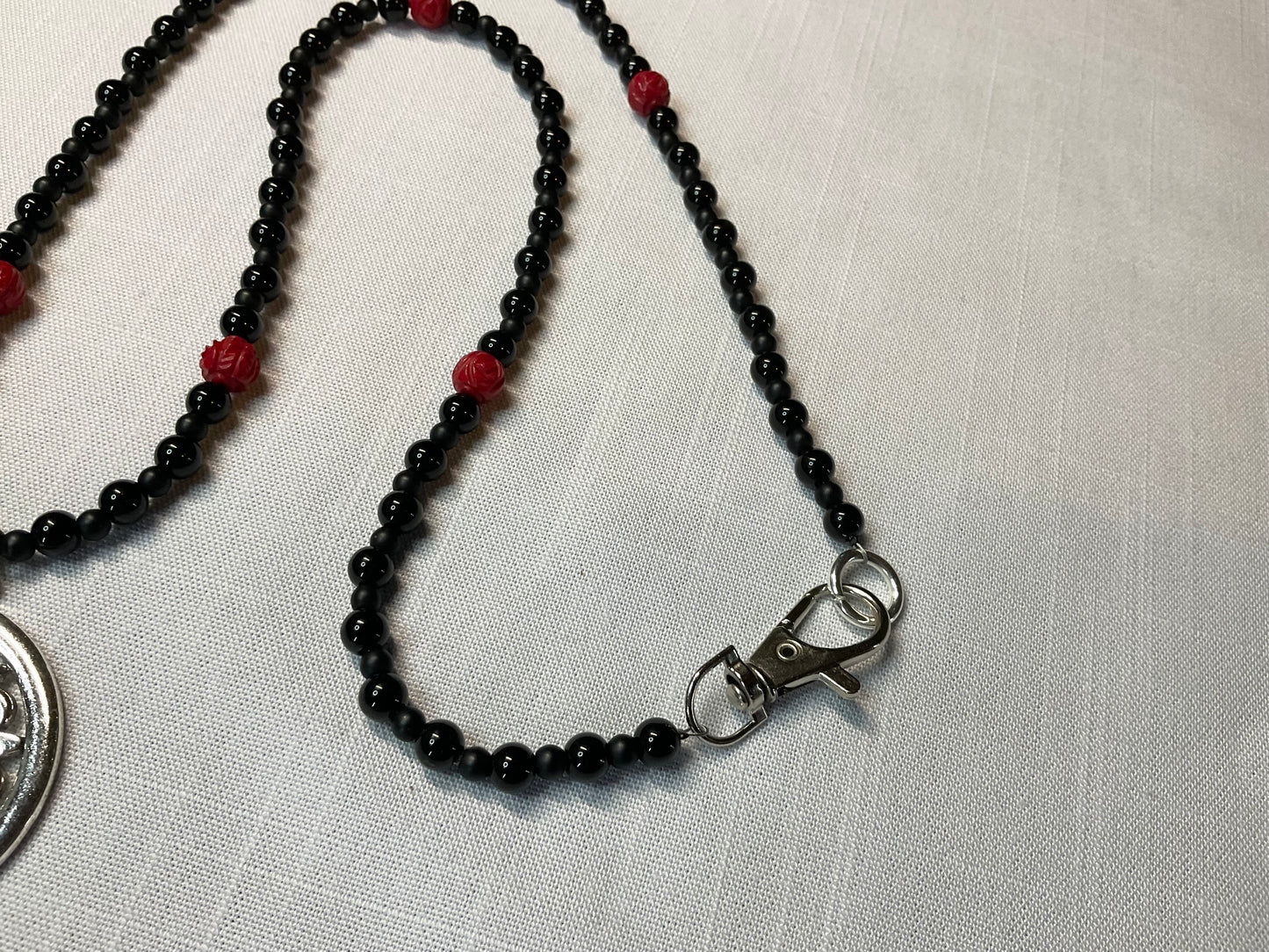 Pentacle Necklace with Red Coral Rose Beads and Black Beads