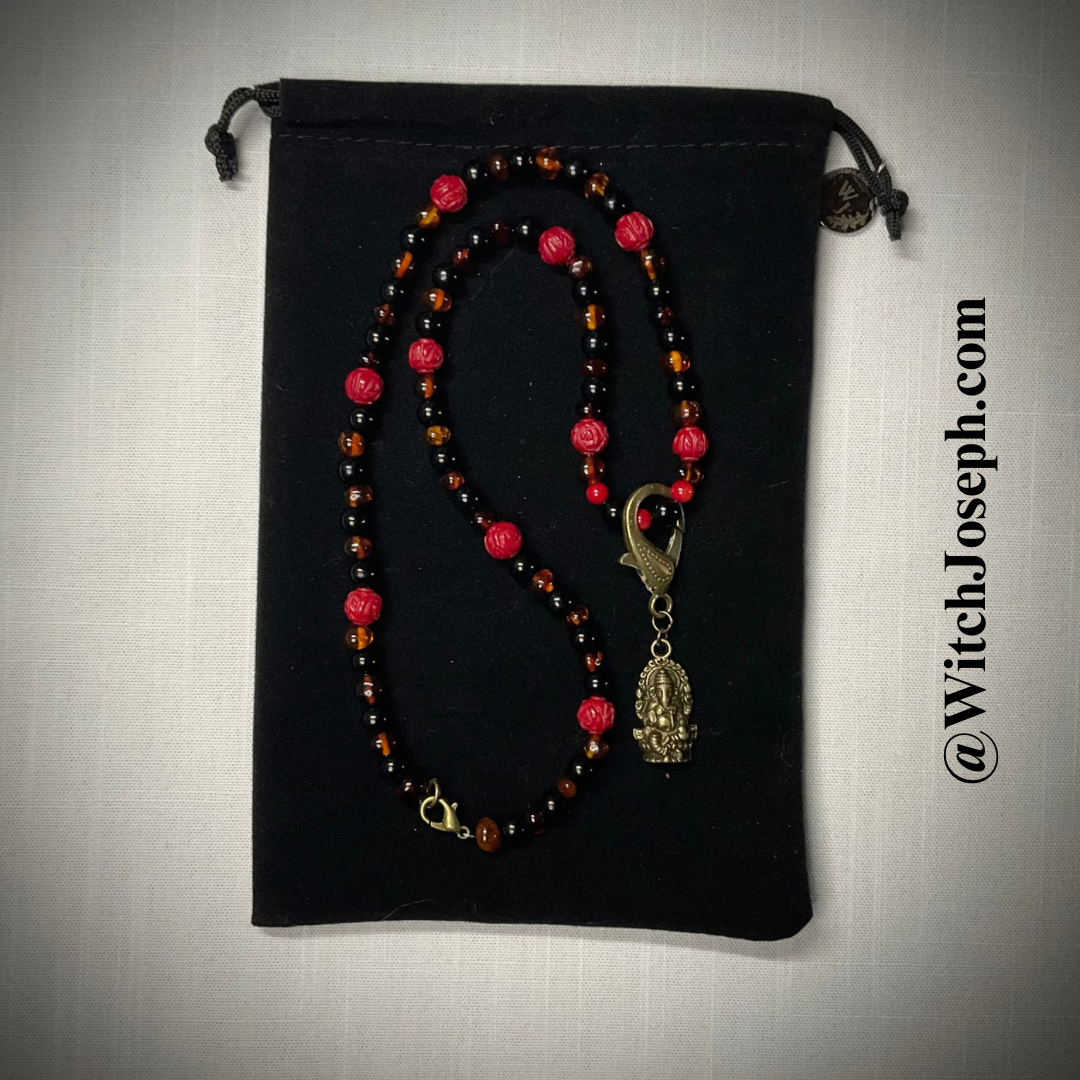 Lord Ganesha Amber Jet and Red Coral Talisman