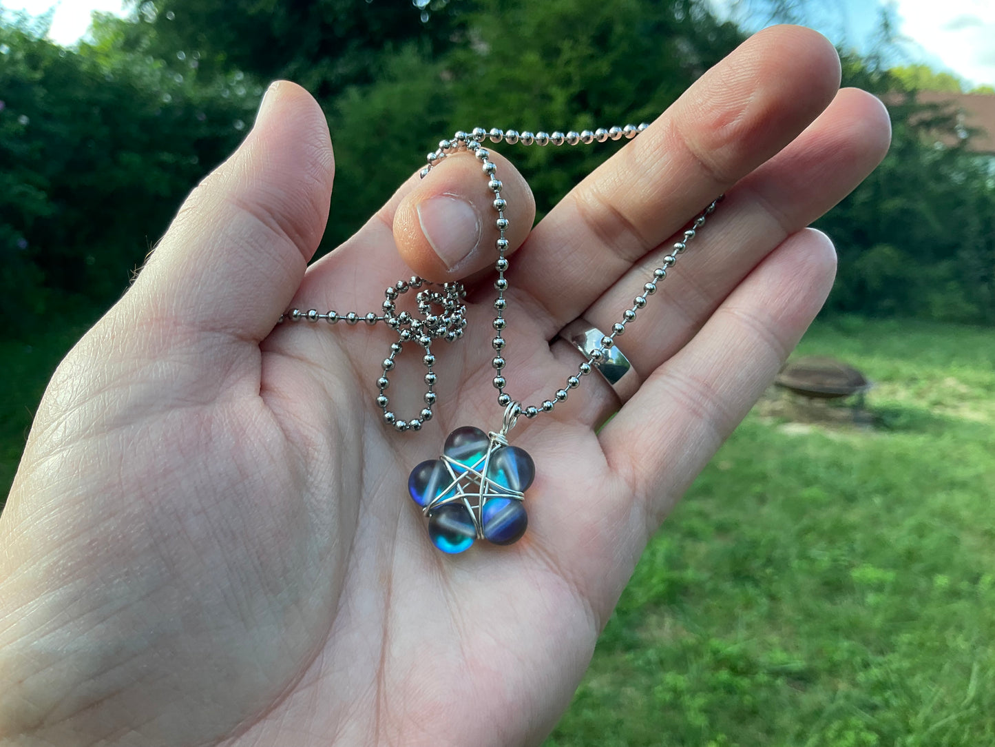 Mermaid Glass Dark Pentagram Charm Necklace