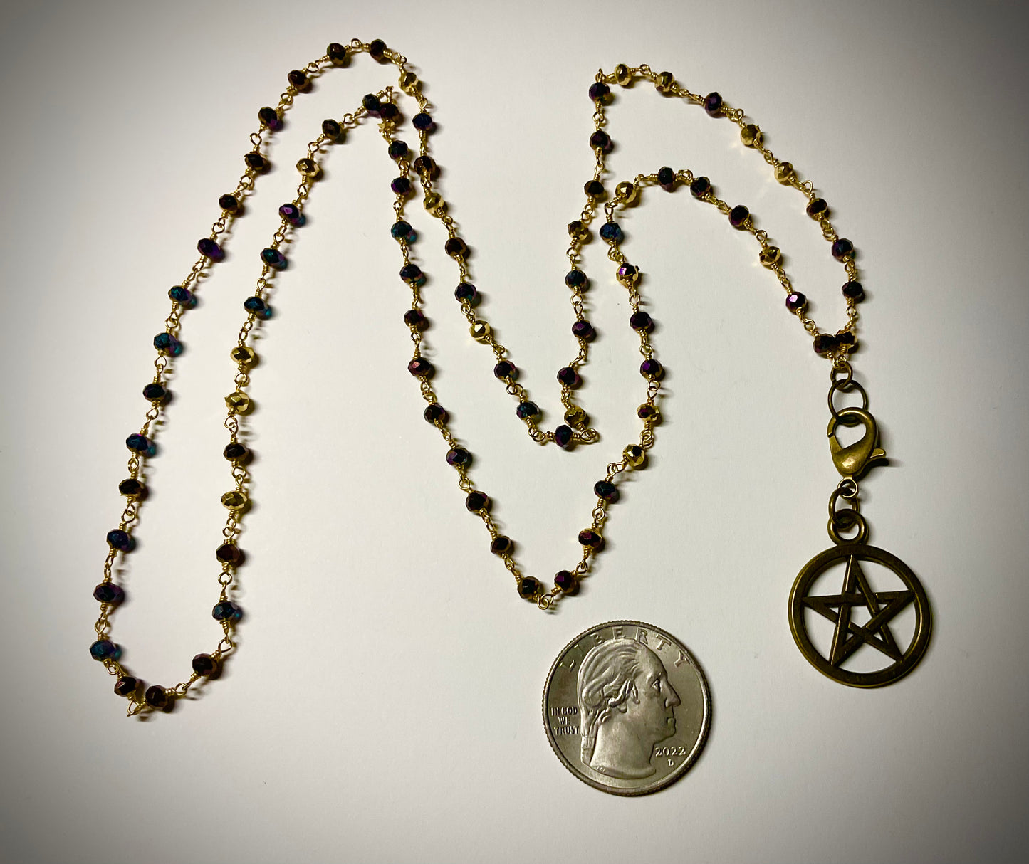 Bronze Tone Pentagram on Gold Tone Beaded Chain