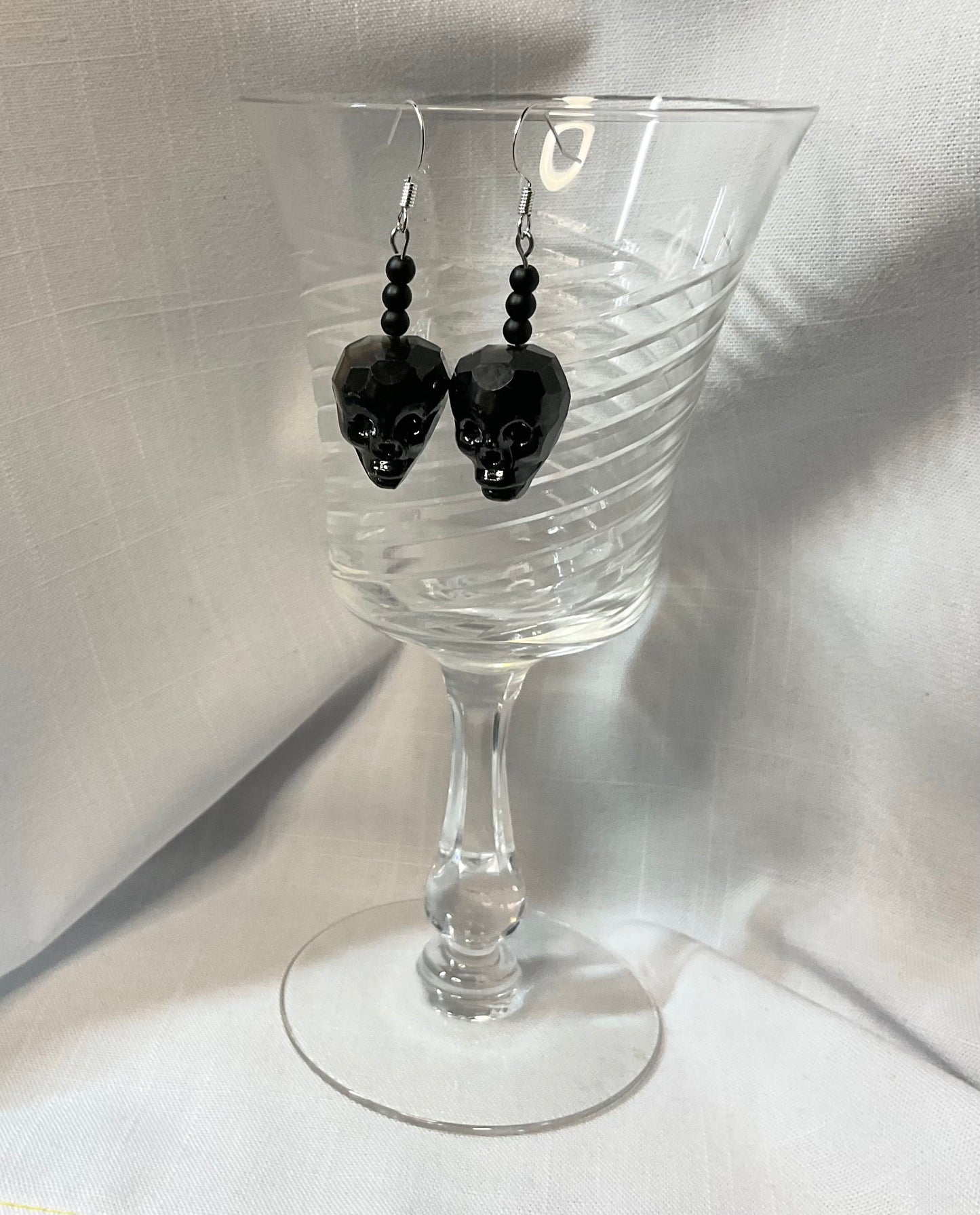 Faceted Black Glass Skull Earrings