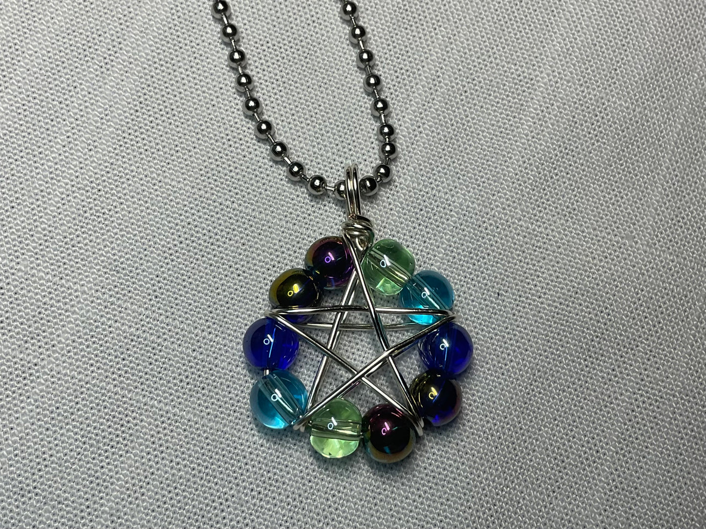 Glass Aqua Mix Beads Wire Wrapped Pentagram Charm Necklace