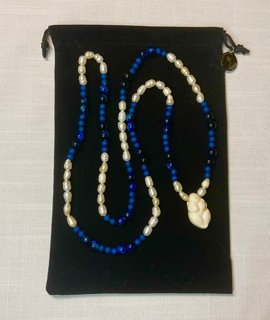 Mer Myth inspired Pearl Necklace with Blue Tigers Eye and Focal Goddess Bead