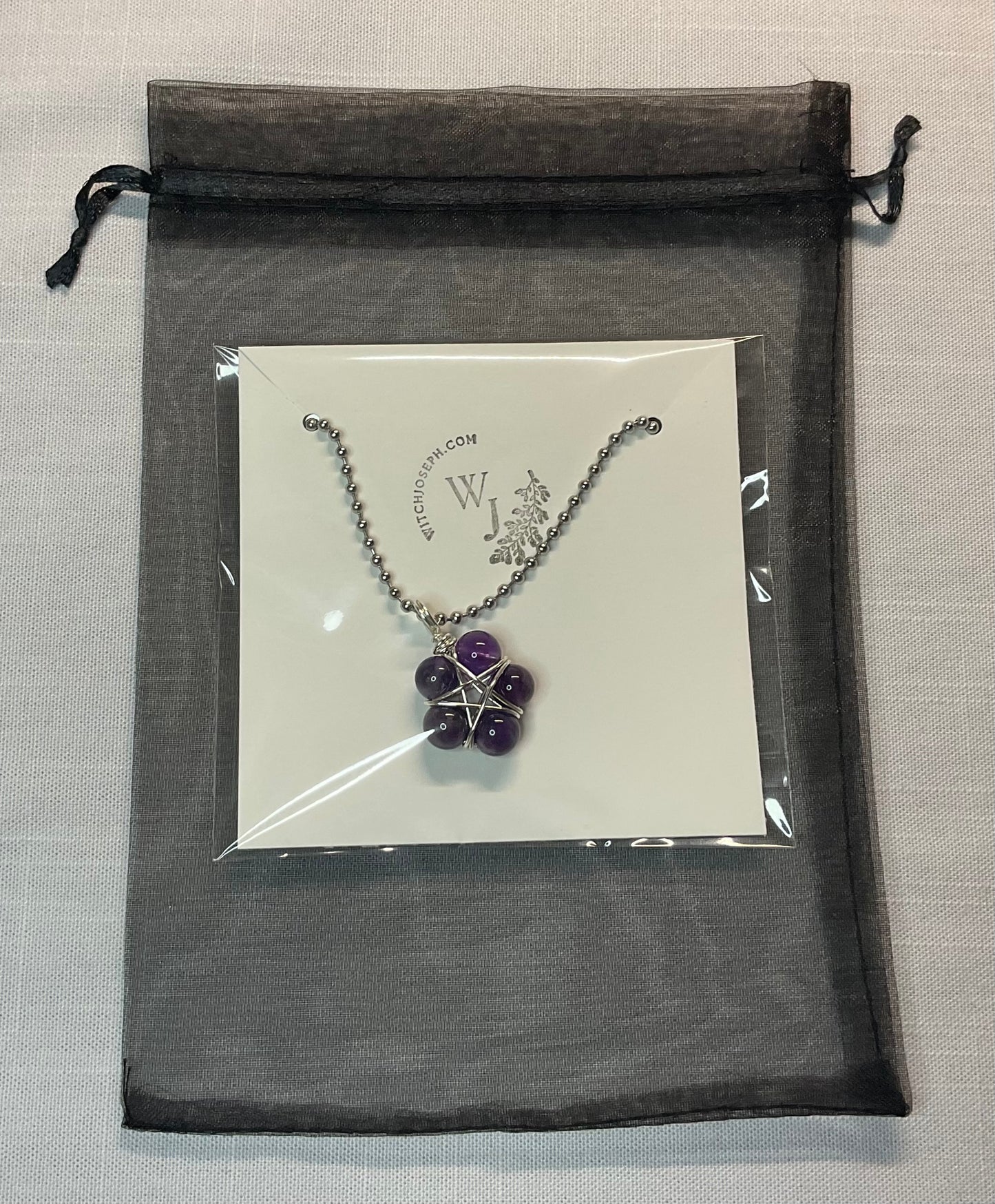 Amethyst Bead Wire Wrapped Pentagram Charm Necklace