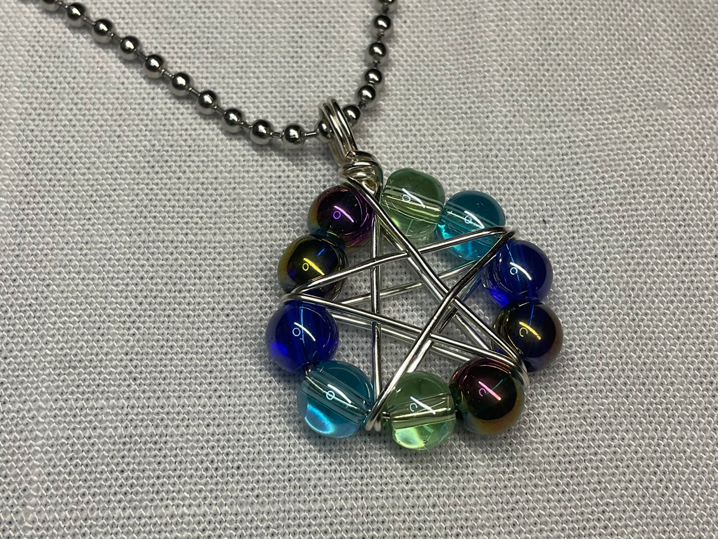 Glass Aqua Mix Beads Wire Wrapped Pentagram Charm Necklace