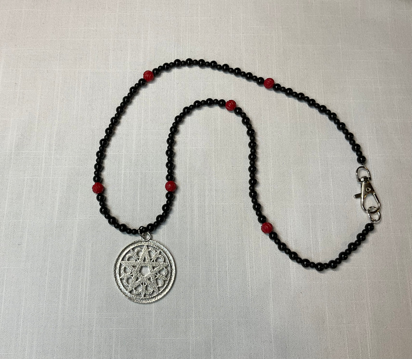 Pentacle Necklace with Red Coral Rose Beads and Black Beads