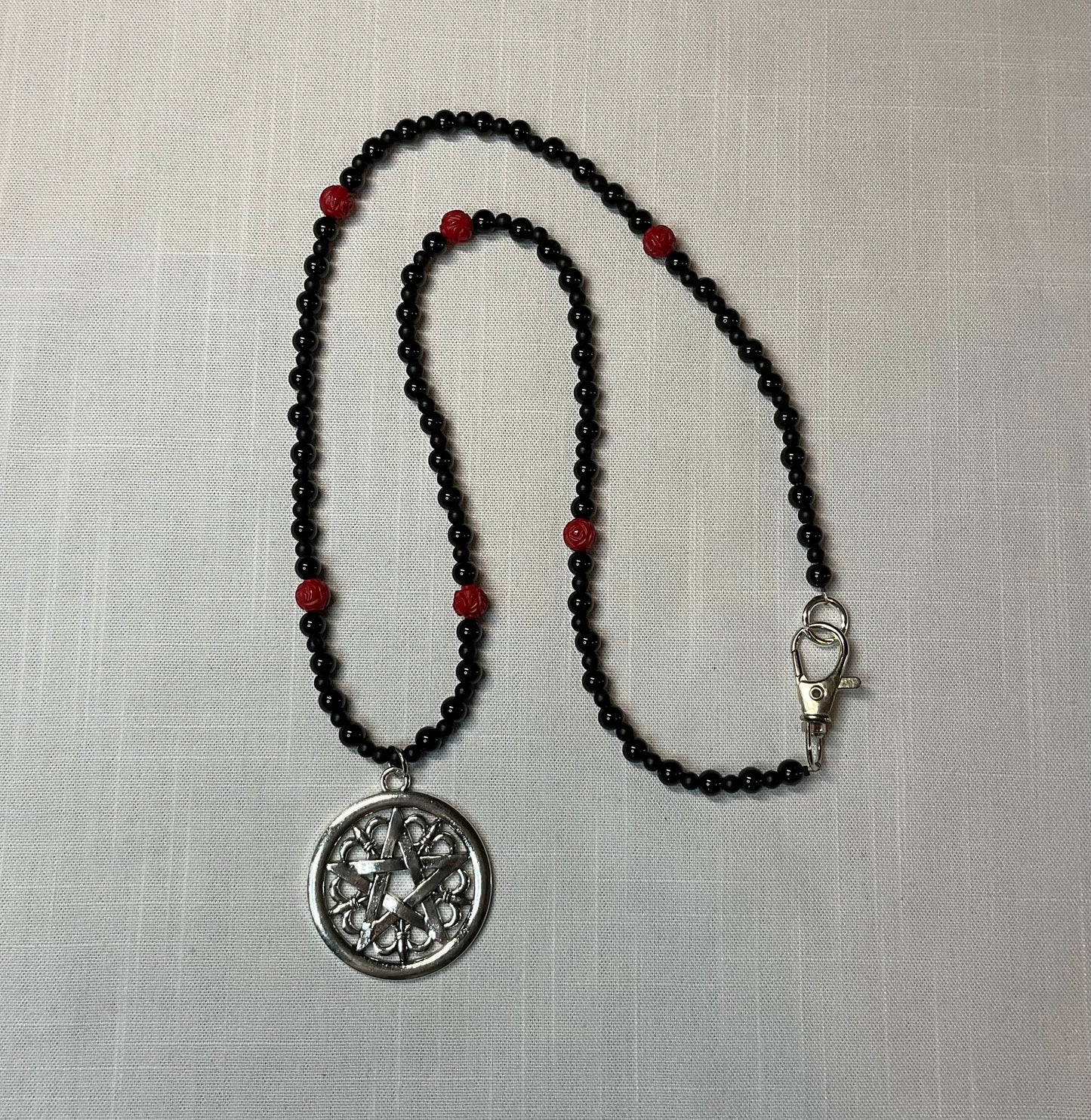 Pentacle Necklace with Red Coral Rose Beads and Black Beads