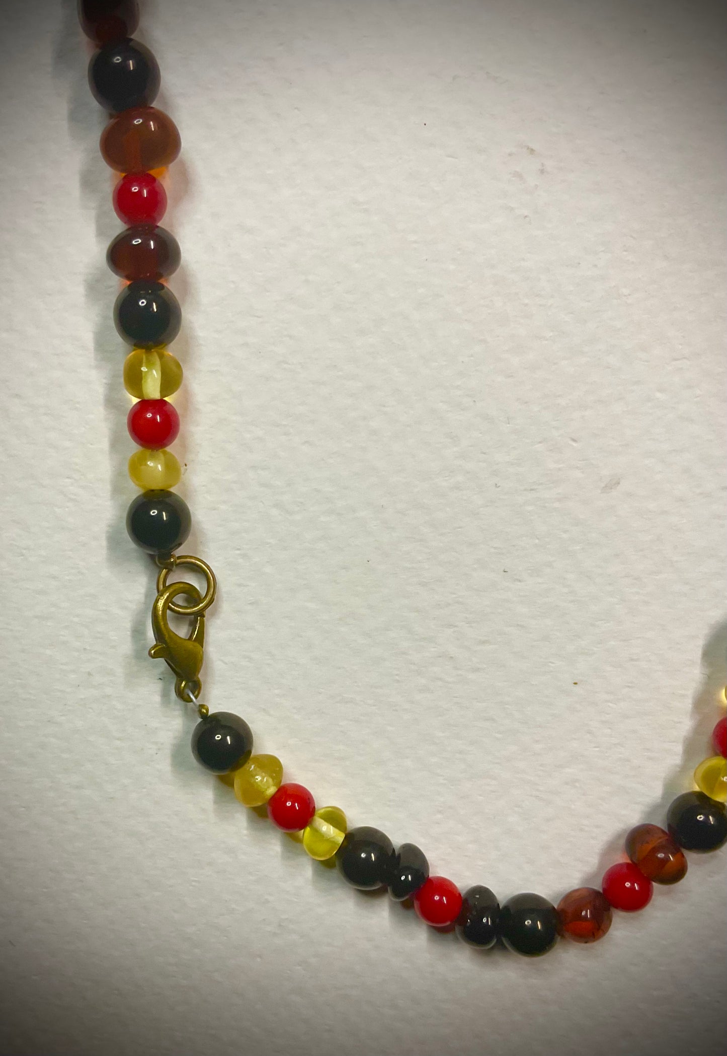 Baltic Amber, Russian Jet and Red Coral Necklace, with Bronze Tone Ankh