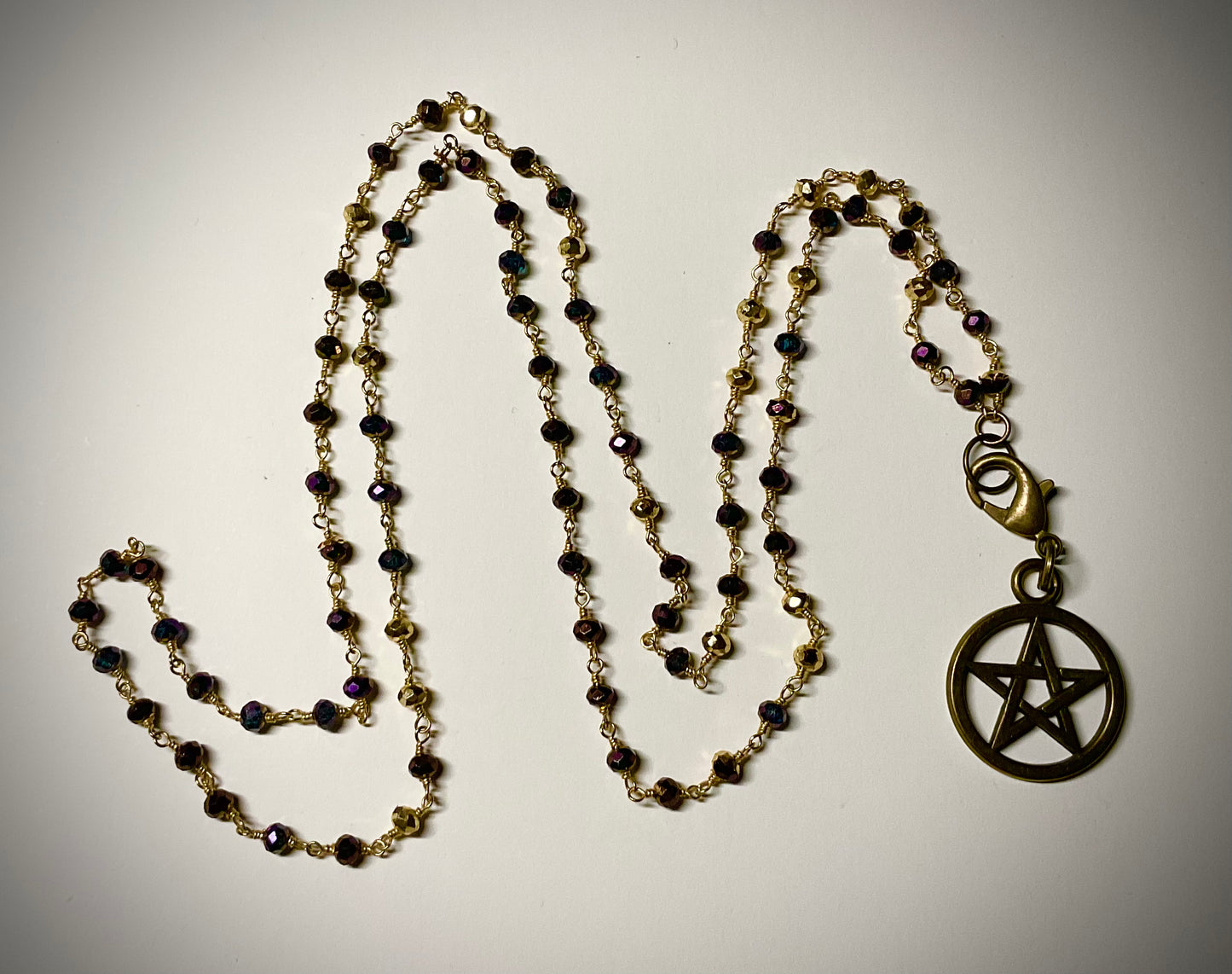 Bronze Tone Pentagram on Gold Tone Beaded Chain