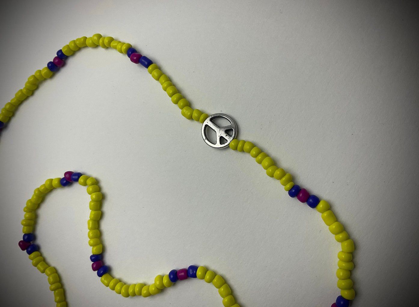 Yellow with Blue and Pink Love Beads with Silver Tone Peace Sign